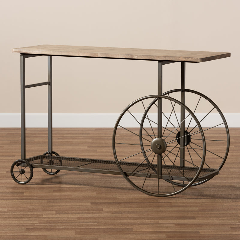 Terence Console Table Vintage Rustic Industrial Design with Natural Wood Finish and Black Metal Wheels