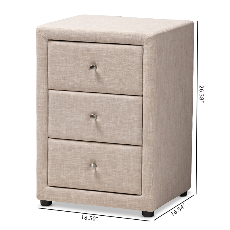 Tessa Nightstand - Modern and Contemporary Beige Fabric Upholstered 3-Drawer