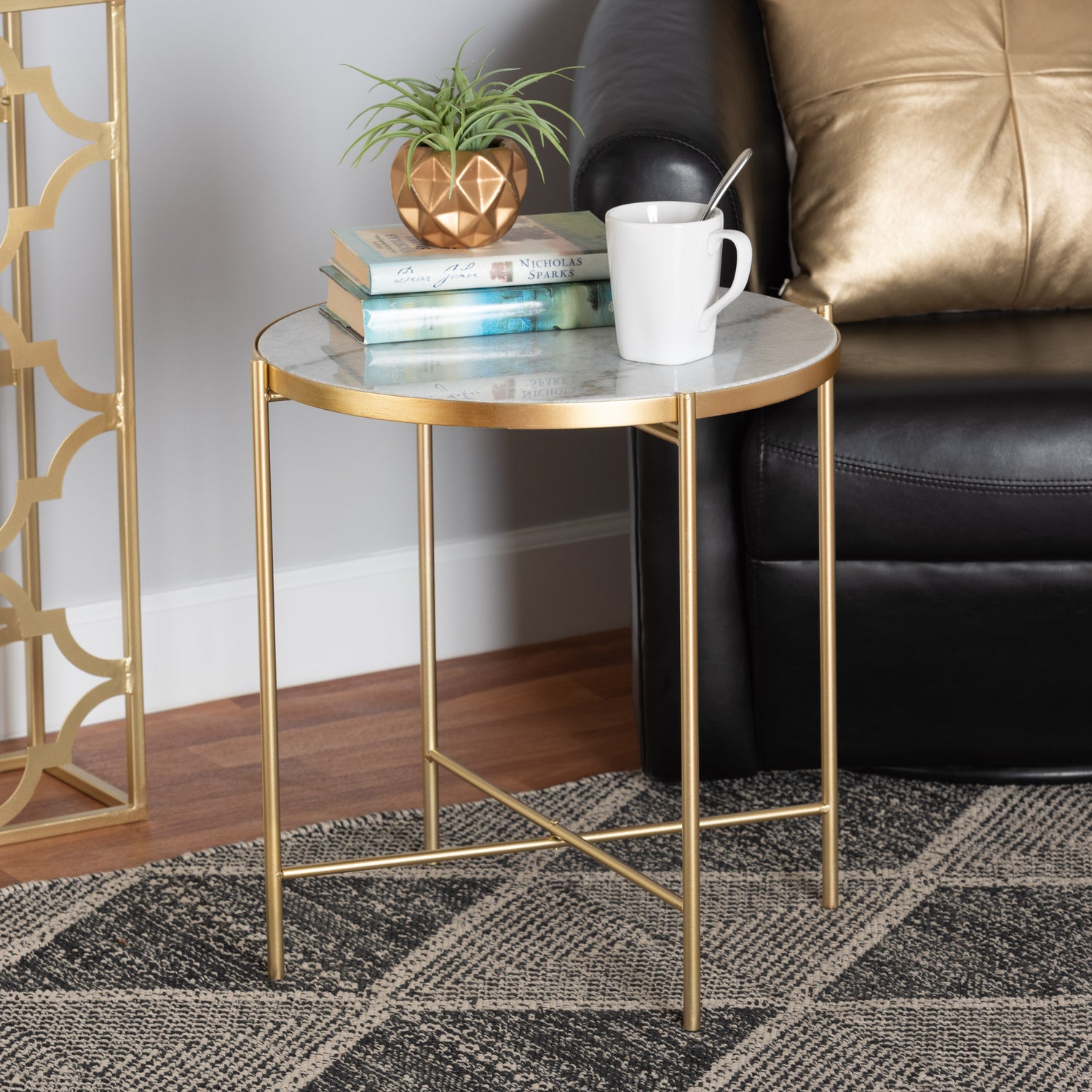 Maddock Modern End Table - Gold Metal Base with Elegant Marble Top for Living Room or Bedroom Decor