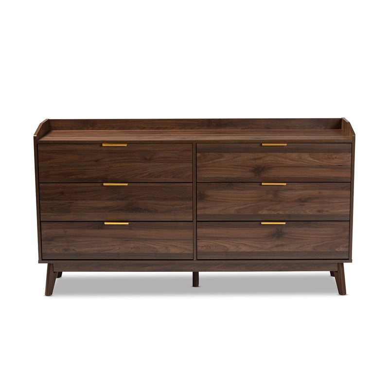 Lena Mid-Century Modern Dresser Walnut Brown 6-Drawer Wood Storage Cabinet for Bedroom or Living Room