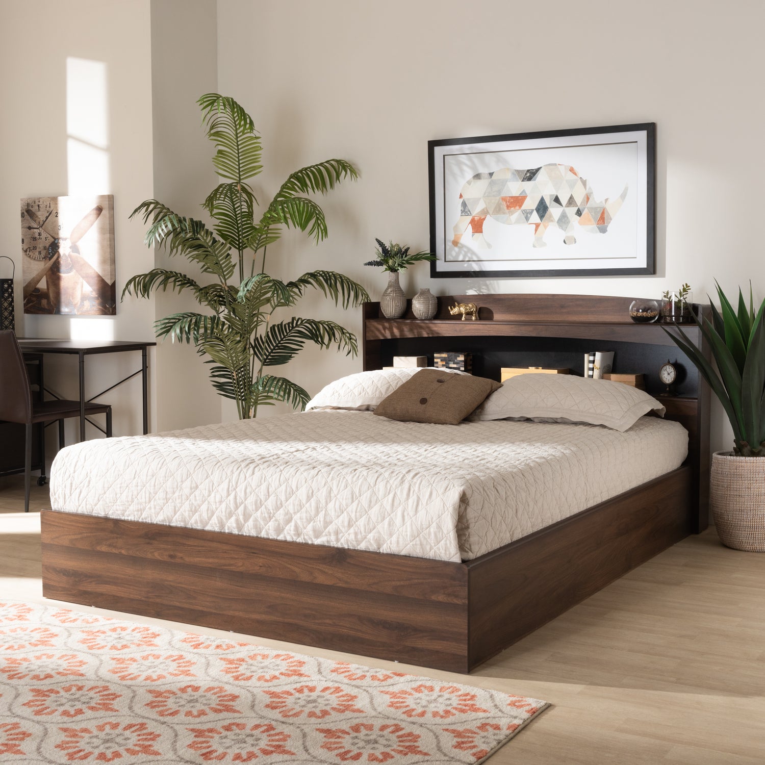 Christopher Queen Size Platform Bed - Modern Rustic Walnut Brown Wood with Built-in Shelves for Stylish Storage and Organization