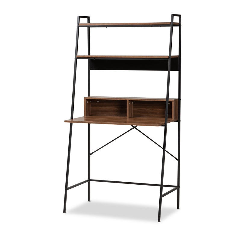 Palmira Modern Industrial Desk Walnut Brown Wood and Black Metal with Shelves for Home Office or Workspace