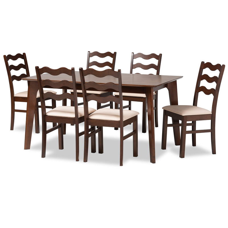 Amara Dining Set Mid-Century Modern 7-Piece Cream Fabric and Dark Brown Wood Collection for Stylish Dining Rooms