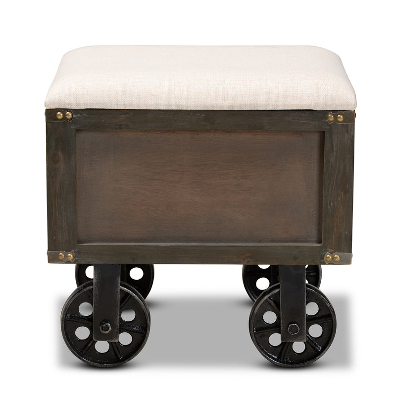 Harley Storage Ottoman - Rustic Farmhouse Design with Beige Fabric, Antique Wood, Black Metal Accents, 1-Drawer, and Wheeled Mobility