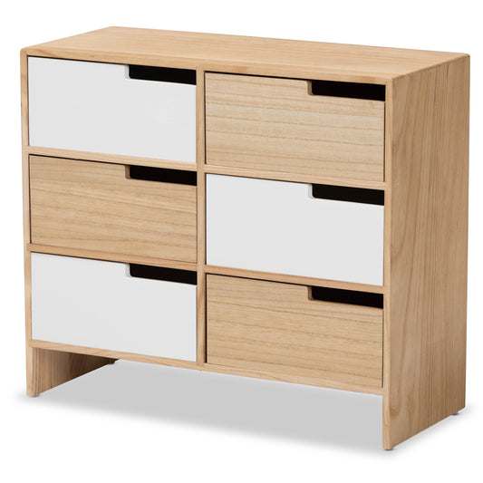 Eben Storage Cabinet Modern Two-Tone Design in White and Oak Brown Finish with 6 Drawers for Stylish Organization