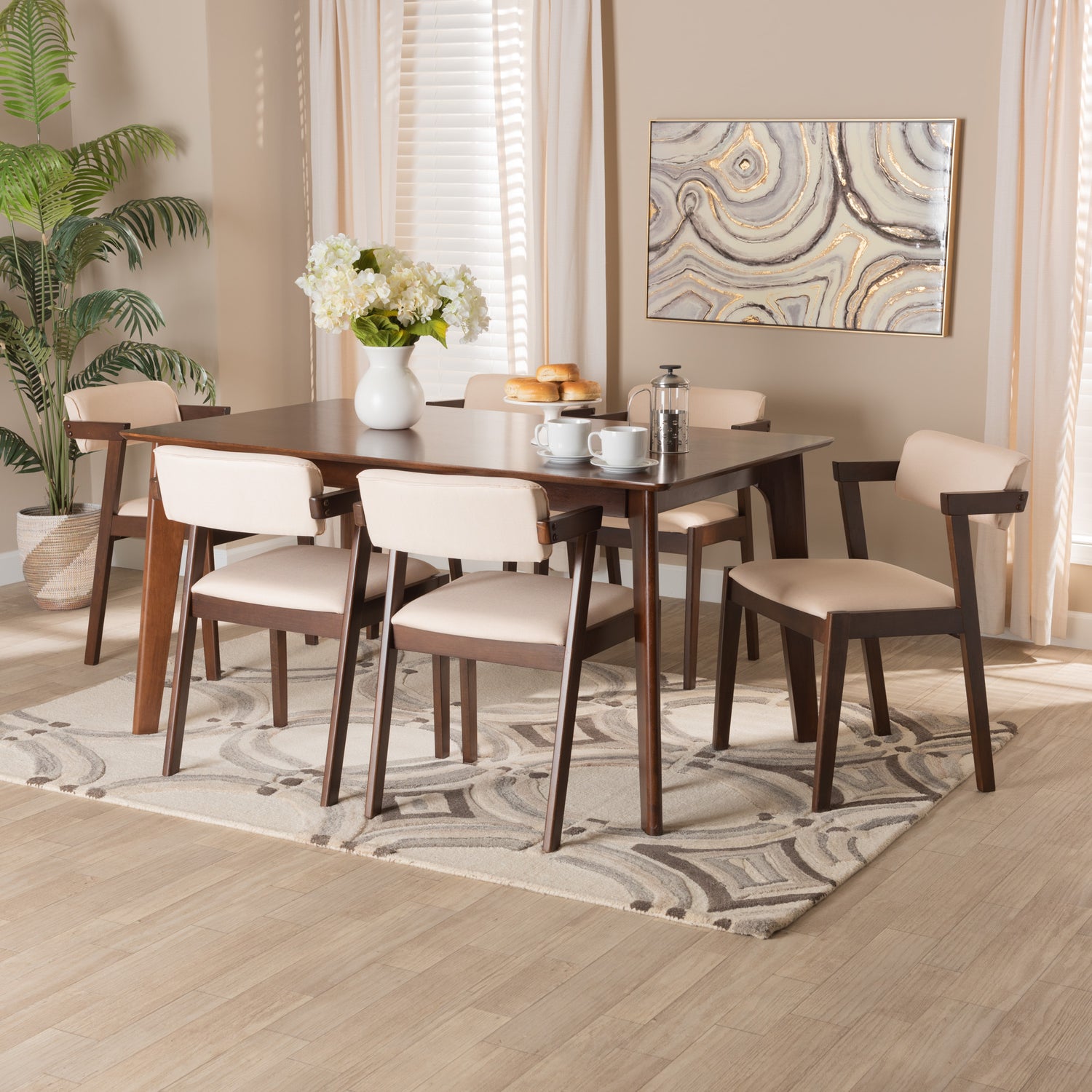 Althea 7-Piece Dining Set Mid-Century Modern Design with Cream Upholstery and Dark Brown Finished Wood