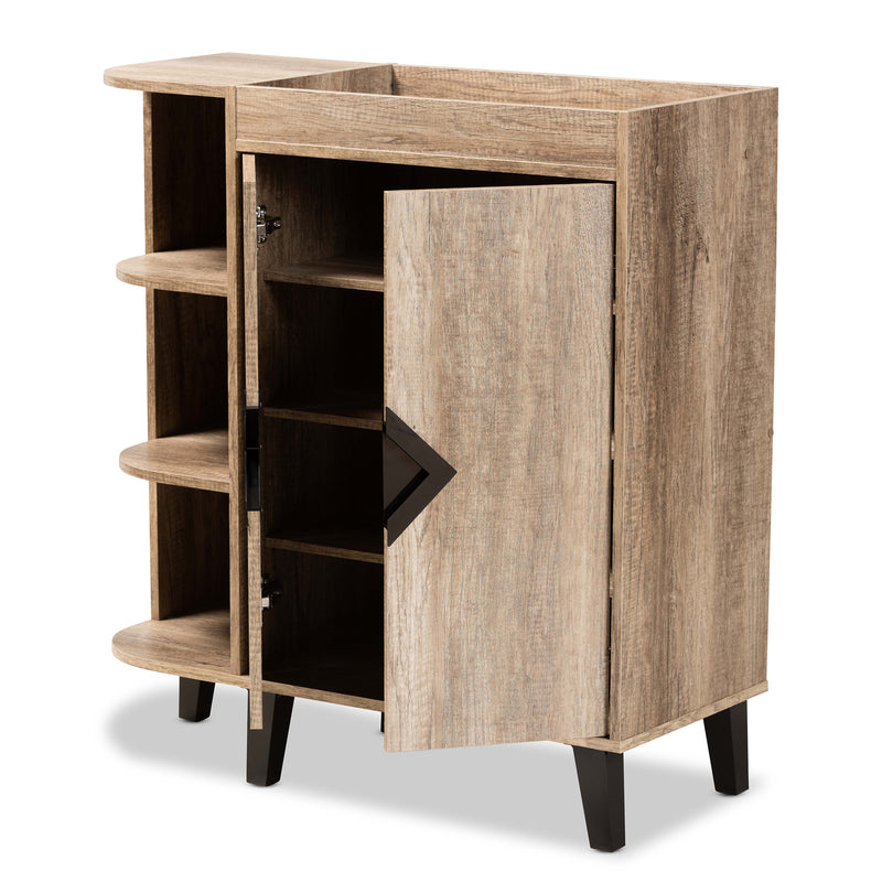 Wales Shoe Storage Cabinet - Modern Rustic Oak Wood with 2 Doors and Open Shelves for Organized Footwear Display