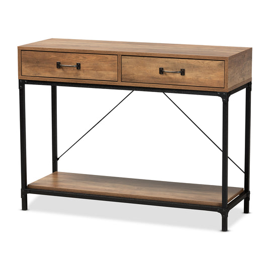 Norwood Console Table Modern Industrial Design with Walnut Brown Wood and Black Metal Featuring 2 Drawers for Storage and Style