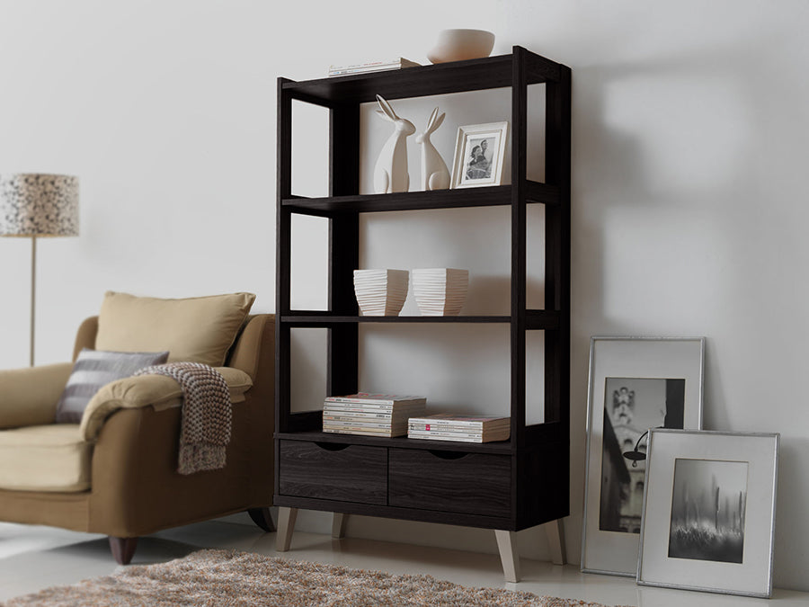 Kalien Modern Dark Brown Wood Leaning Bookcase with Display Shelves and Two Storage Drawers for Home or Office Use