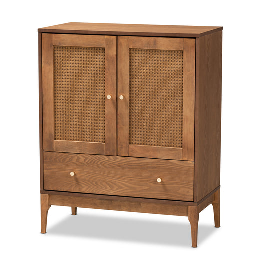 Ramiel Sideboard Mid-Century Modern Design Ash Walnut Finish Wood Rattan with 1 Drawer for Storage