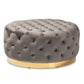 Sasha Glam Ottoman Grey Velvet Fabric Upholstered Gold Finished Round Cocktail