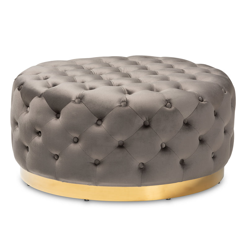 Sasha Glam Ottoman Grey Velvet Fabric Upholstered Gold Finished Round Cocktail