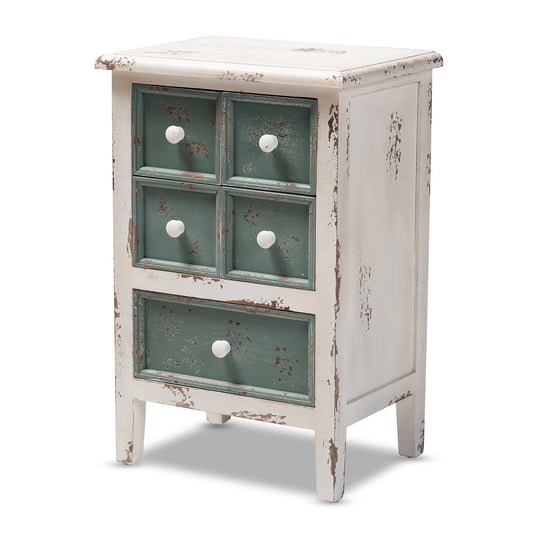 Angeline Storage Cabinet Antique French Country Cottage Style Distressed White and Teal Finish with 5 Drawers for Stylish Organization