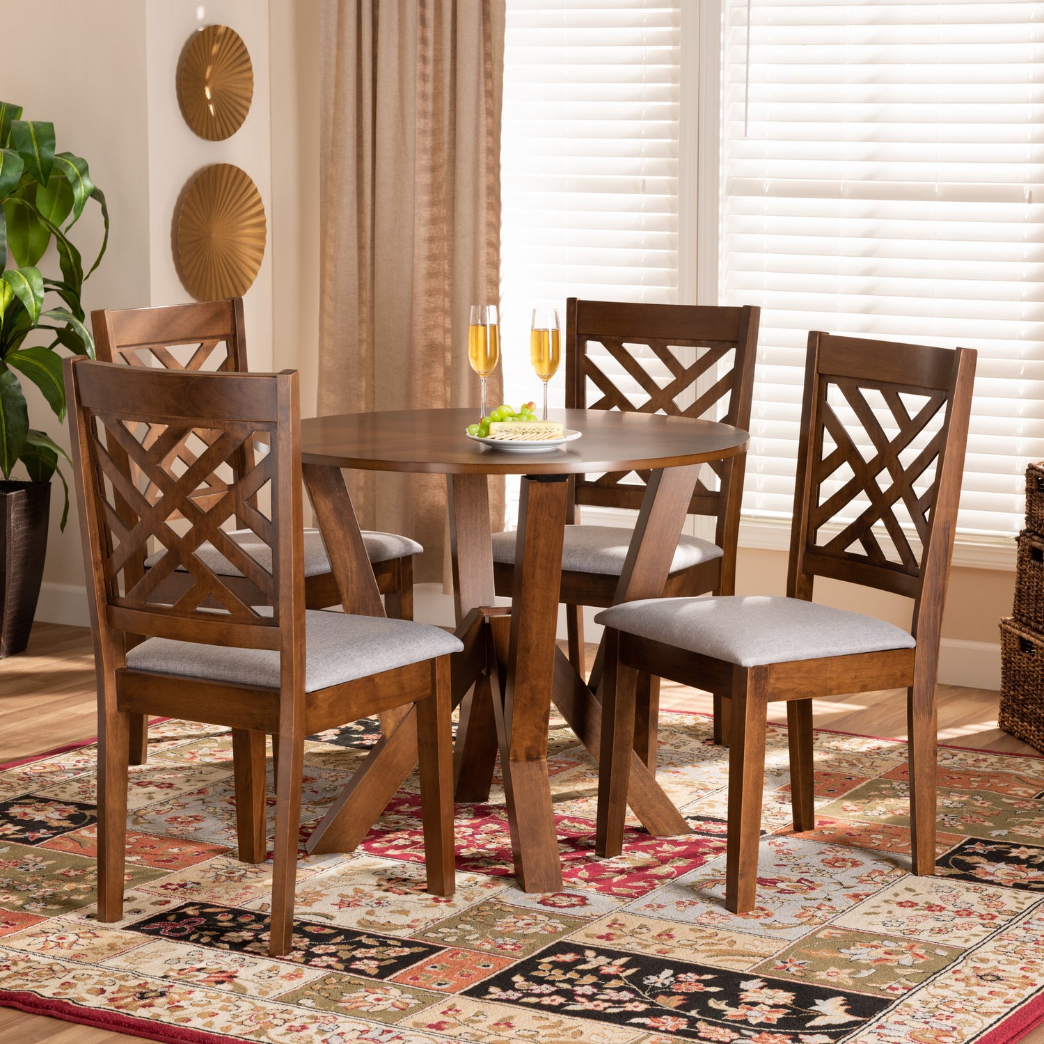 Elise Dining Set Modern 5-Piece Grey Fabric Upholstered with Walnut Brown Finished Wood