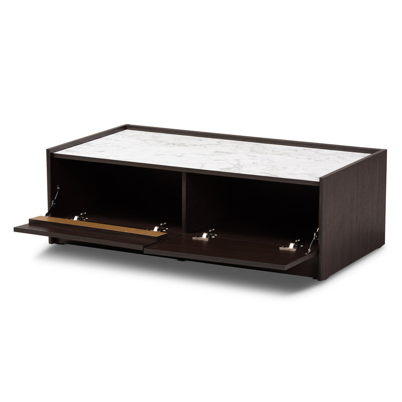 Walker Modern Coffee Table with Dark Brown and Gold Finished Wood and Faux Marble Top