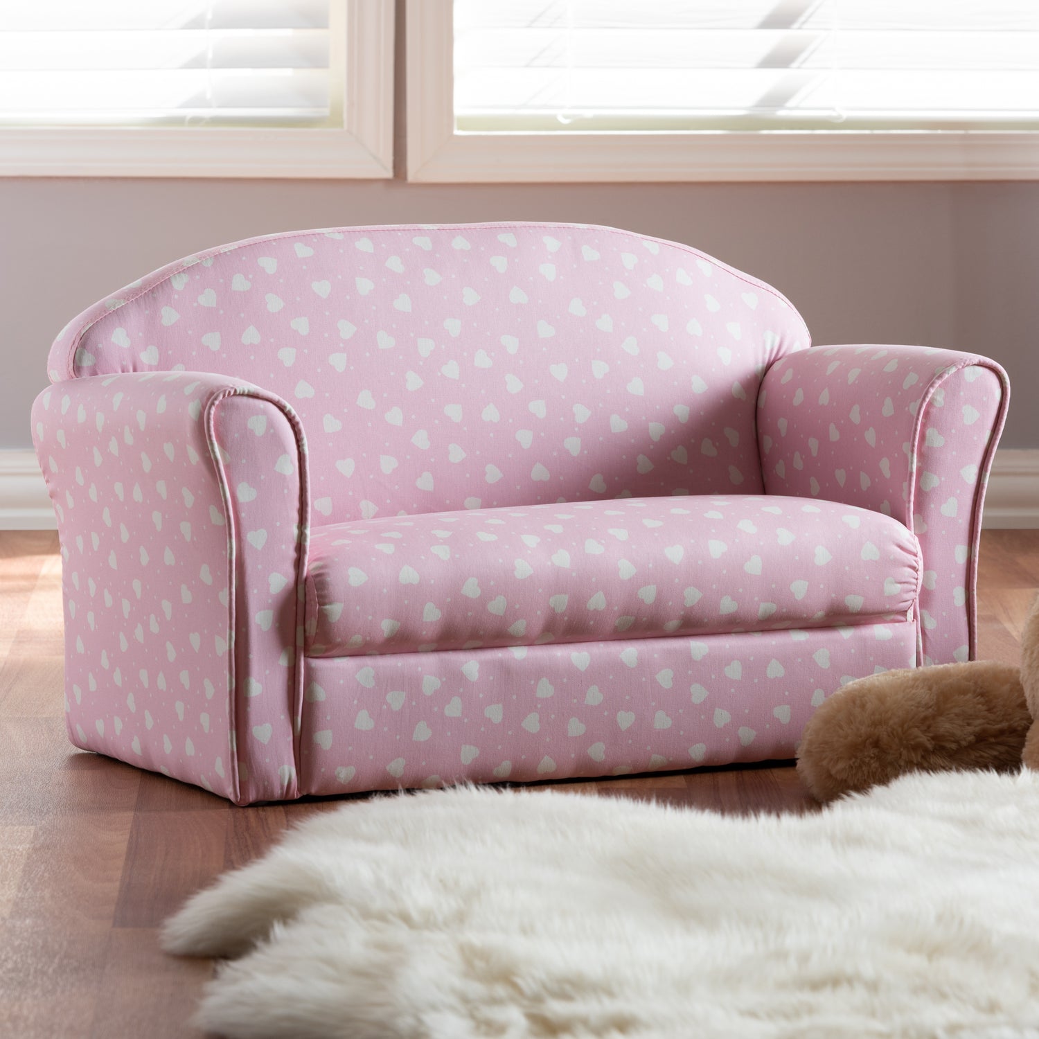 Erica Kids 2-Seater Sofa Modern Pink and White Heart Patterned Fabric Upholstery for Children's Rooms