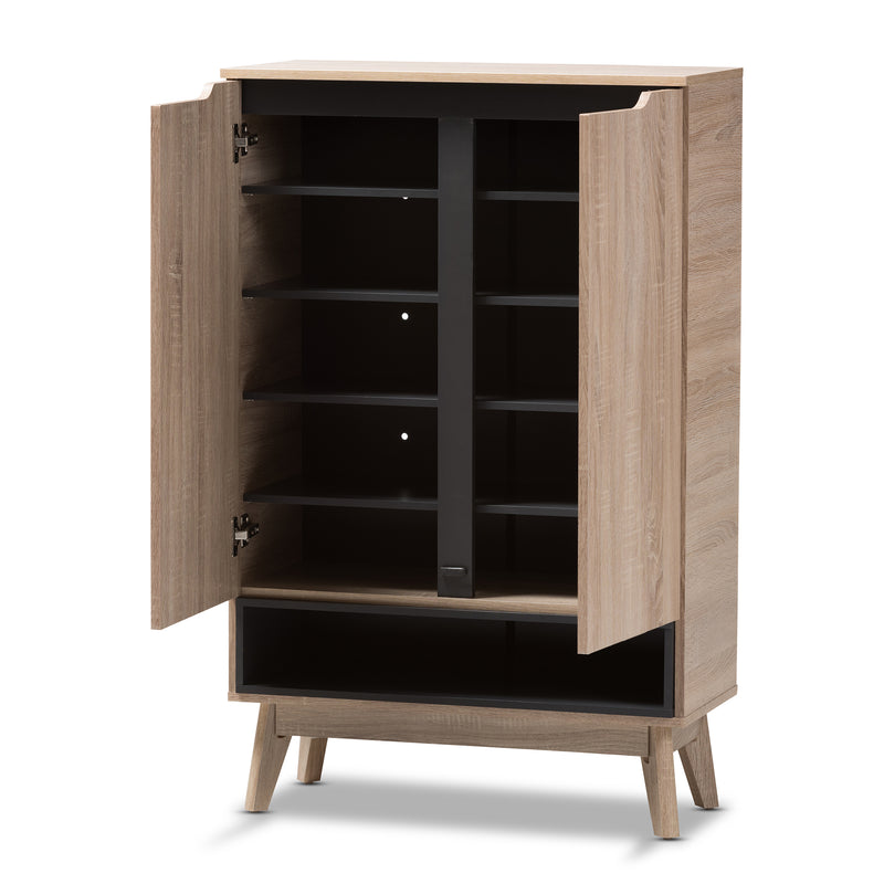 Fella Shoe Cabinet - Mid-Century Modern Two-Tone Oak and Grey Storage Solution for Entryway and Hallway Organization