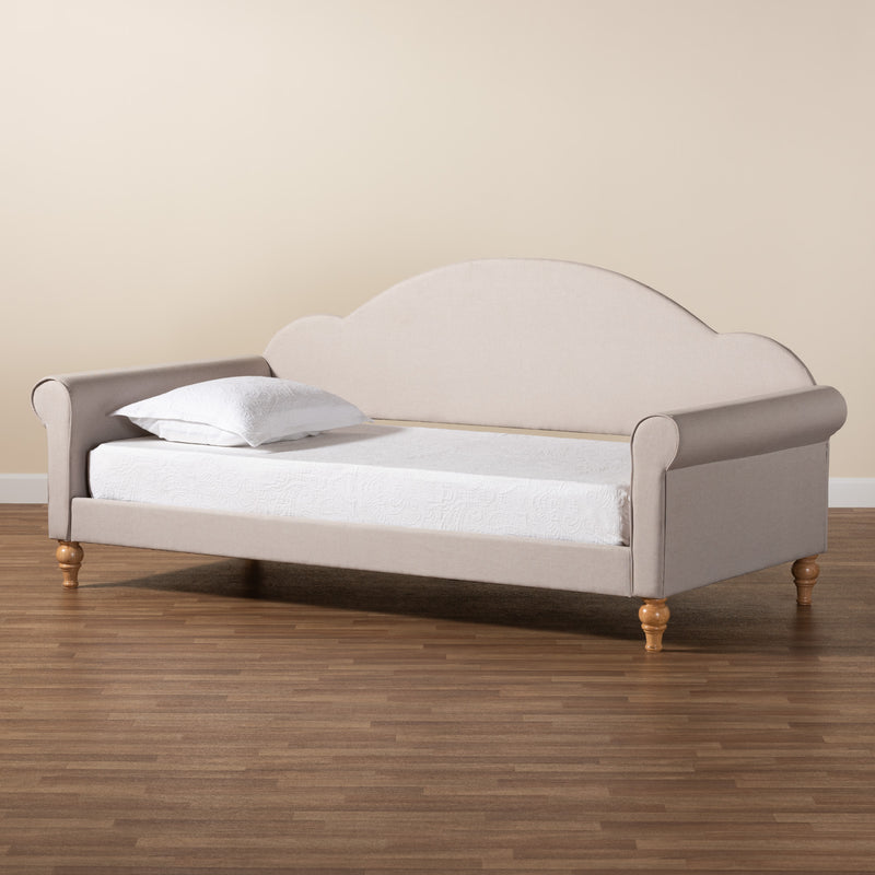 Chaise Classic Twin Size Daybed in Light Grey Fabric with Natural Brown Wood Finish - Elegant Design for Any Room