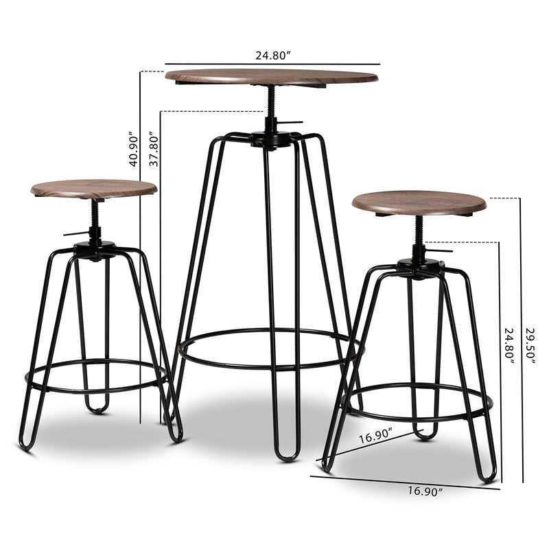 Veera Bar Pub Set Vintage Industrial Rustic Walnut Wood and Black Metal 3-Piece Height Adjustable Dining Furniture for Home or Kitchen