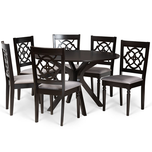 Sadie Dining Set Modern Contemporary Grey Fabric Upholstered Dark Brown Finished Wood 7-Piece