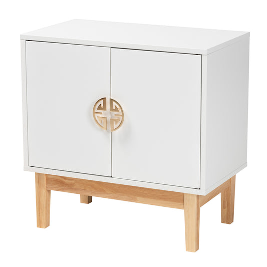 Kamana Storage Cabinet Modern Two-Tone Design in White and Oak Brown with Gold Accents Featuring 2 Doors for Stylish Organization