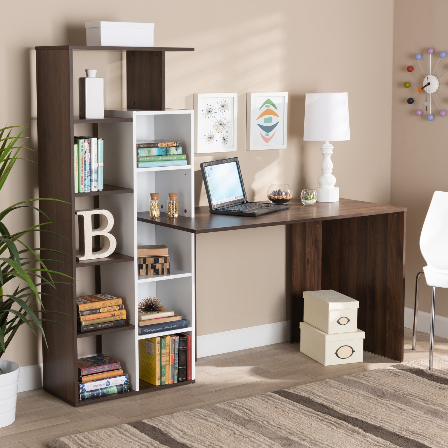 Rowan Computer Desk Modern Two-Tone Design in White and Walnut Brown Finish with Storage Shelves for Home Office or Study