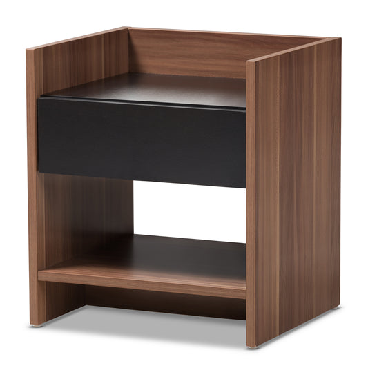 Vanda Nightstand - Modern Two-Tone Walnut and Black Wood Design with 1 Drawer for Bedroom Storage