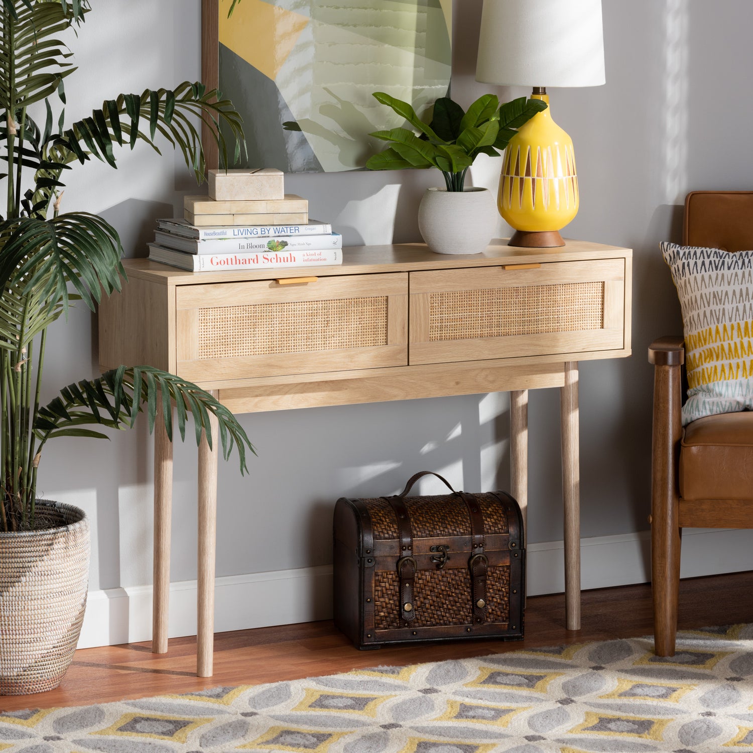 Baird Console Table - Mid-Century Modern Light Oak Brown Wood with Rattan, Featuring 2 Drawers for Stylish Storage