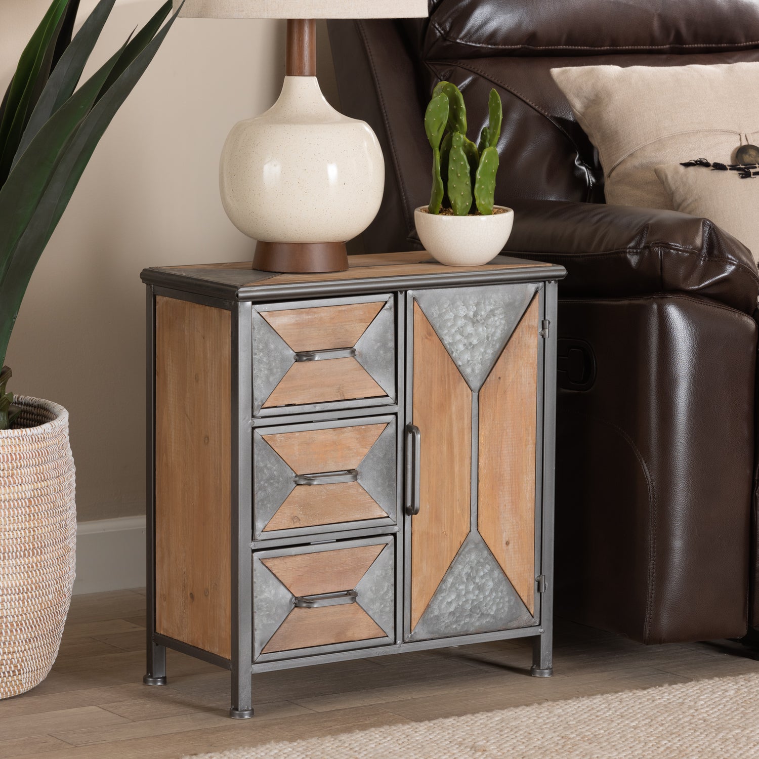 Laurel Accent Storage Cabinet Rustic Industrial Design with Antique Grey Metal and Whitewashed Oak Wood Featuring 3 Drawers for Organization