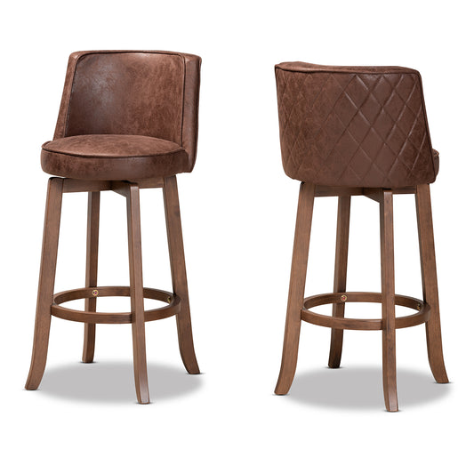 Adams Bar Stool Set Modern Transitional Distressed Brown Fabric Upholstered and Walnut Brown Finished Wood 2-Piece