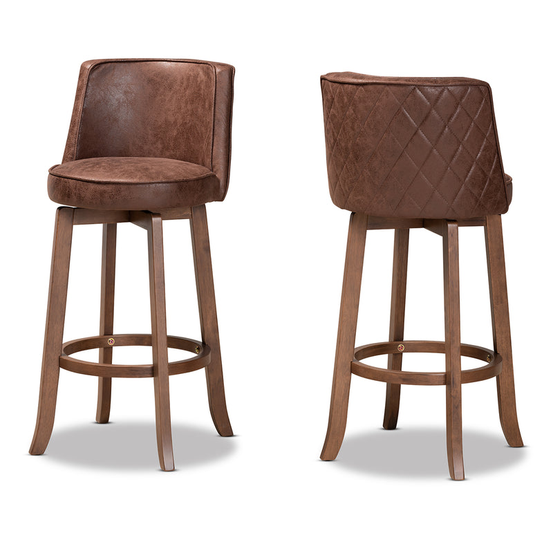 Adams Bar Stool Set Modern Transitional Distressed Brown Fabric Upholstered and Walnut Brown Finished Wood 2-Piece