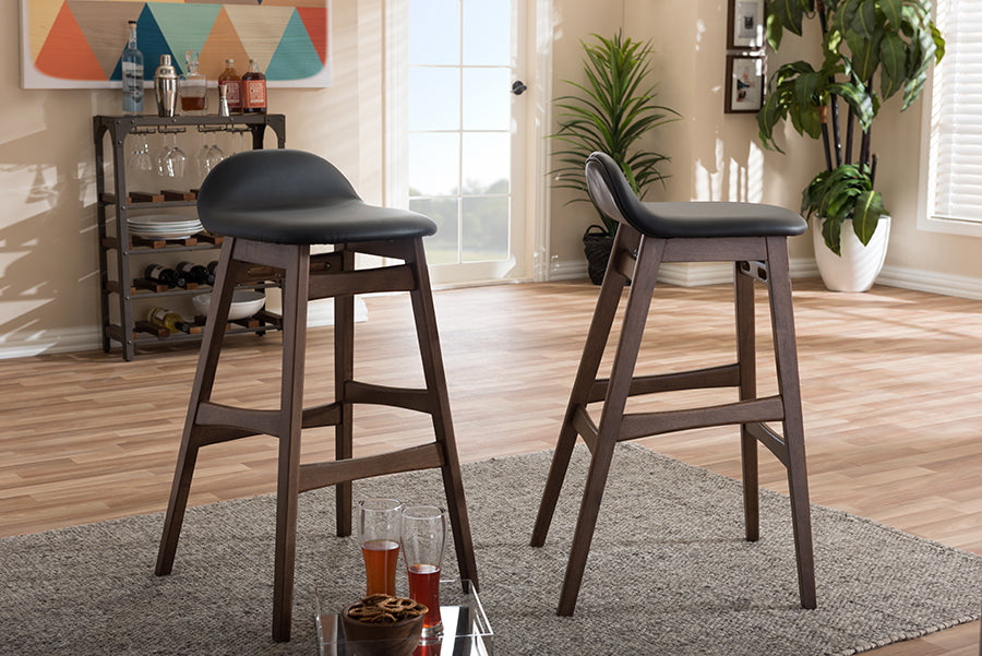 Bloom Bar Stool Mid-century Retro Modern Scandinavian Style Black Faux Leather Upholstered Walnut Wood Finishing 30-Inches (Set of 2)