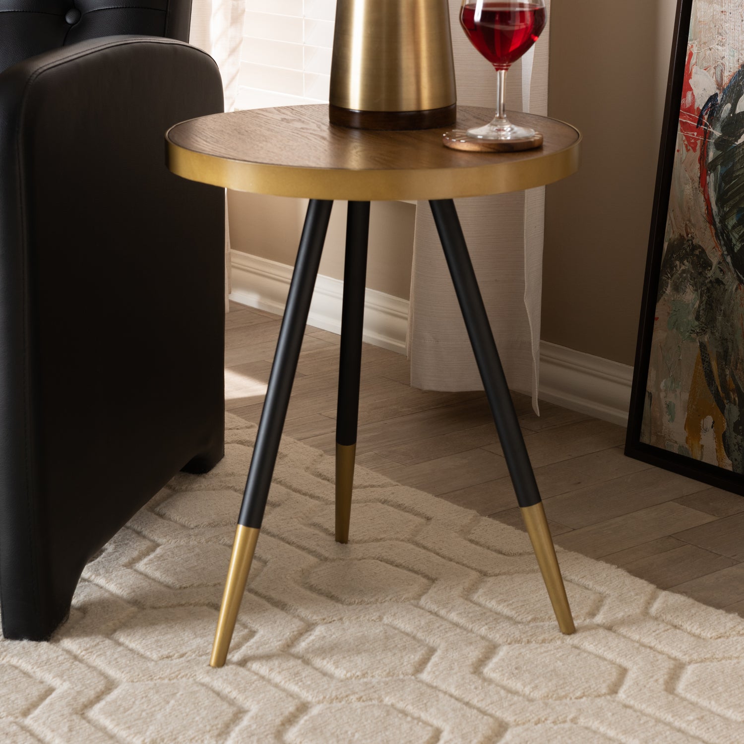 Lauro End Table Modern Round Design in Walnut Wood with Two-Tone Black and Gold Metal Legs