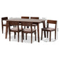 Camilla 7-Piece Dining Set in Mid-Century Modern Style with Warm Grey Fabric and Dark Brown Wood Finish