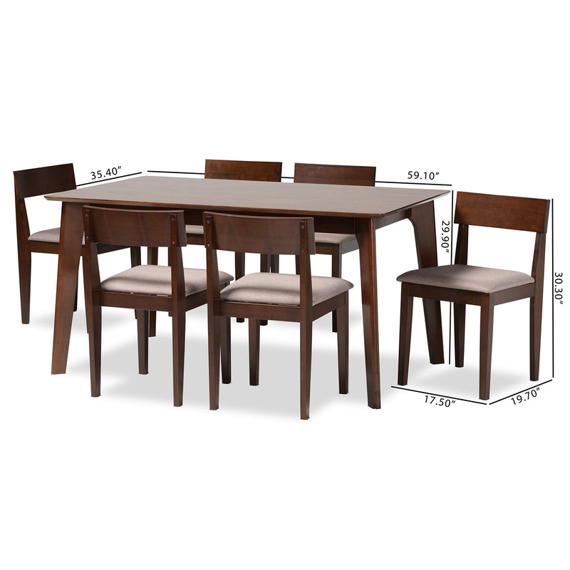 Camilla 7-Piece Dining Set in Mid-Century Modern Style with Warm Grey Fabric and Dark Brown Wood Finish