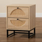 Ardon End Table Bohemian Light Brown Wood and Black Metal Design with 2 Drawers and Natural Rattan Accents