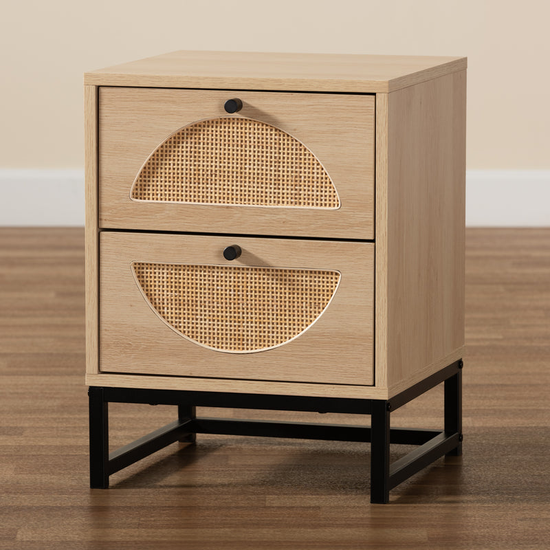 Ardon End Table Bohemian Light Brown Wood and Black Metal Design with 2 Drawers and Natural Rattan Accents