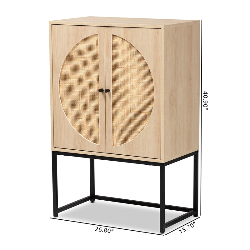 Ardon Storage Cabinet Bohemian Light Brown Wood and Black Metal 2-Door Design with Natural Rattan Accents for Stylish Home Organization