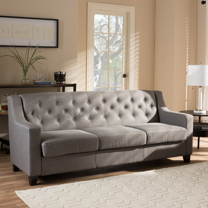 Arcadia Sofa Modern and Contemporary Grey Fabric Upholstered Button-Tufted Living Room 3-Seater