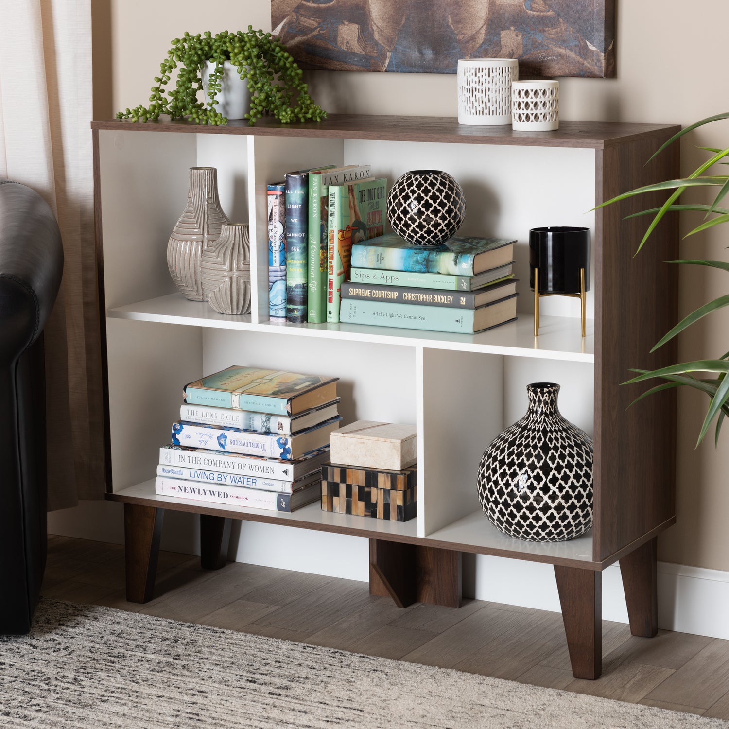 Senja Bookcase Modern Two-Tone Design in White and Walnut Brown with 4 Shelves for Stylish Storage and Display