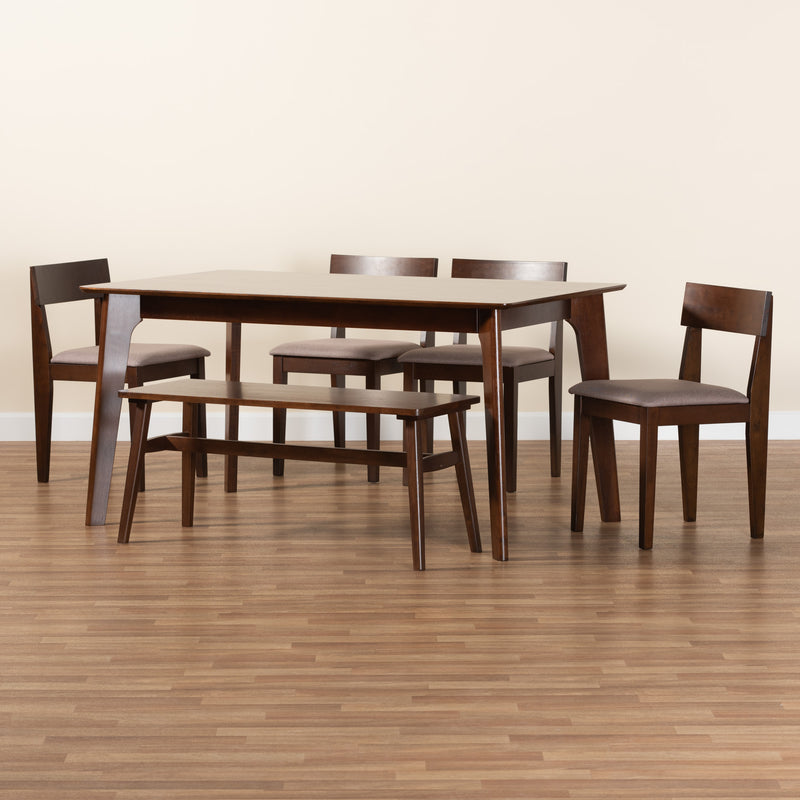 Camilla Dining Set Mid-Century Modern 6-Piece Warm Grey Fabric Dark Brown Finished Wood