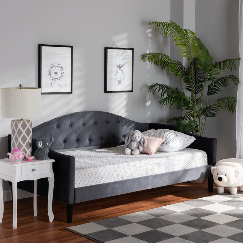 Benjamin Daybed - Modern and Contemporary Grey Velvet Fabric Upholstered with Dark Brown Finished Wood