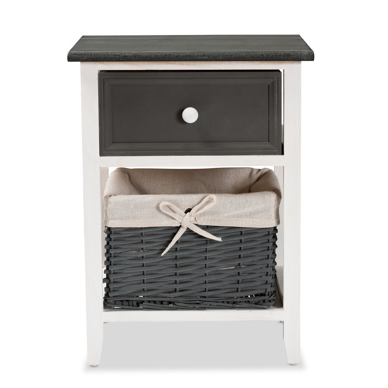 Shadell Storage Unit Modern Two-Tone Dark Grey and White Wood with 1 Drawer and Basket for Organized Living