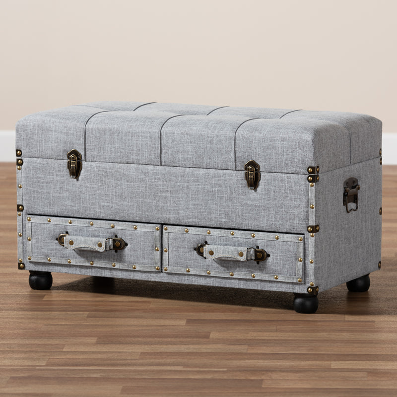 Flynn Modern Transitional Ottoman Grey Fabric Upholstered Storage Trunk with 2 Drawers for Stylish Organization and Versatile Seating