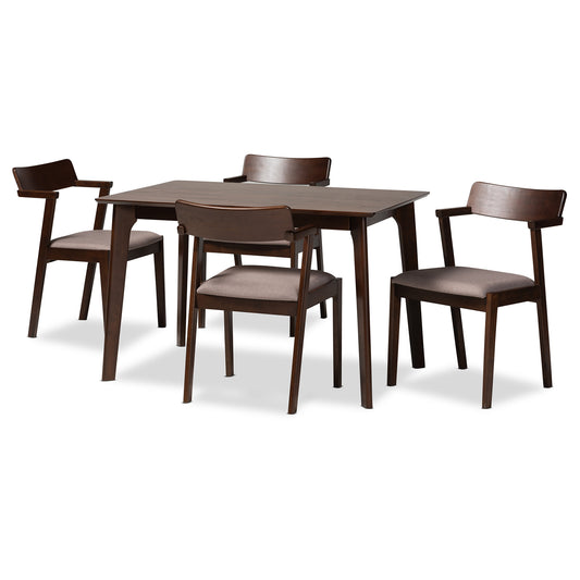 Berenice 5-Piece Dining Set in Mid-Century Modern Style with Warm Grey Fabric and Dark Brown Wood Finish