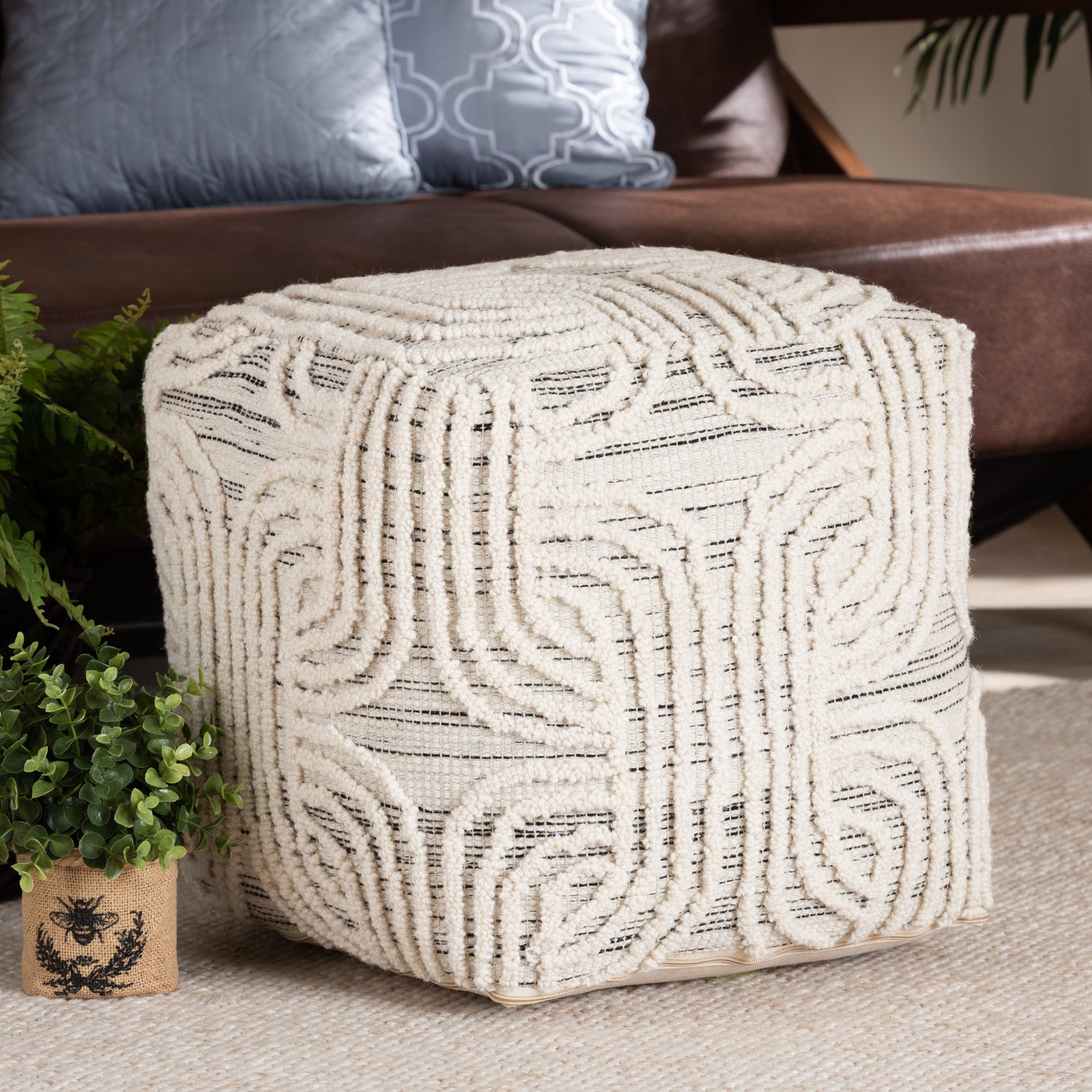 Arlett Pouf Ottoman - Modern Bohemian Style Handwoven Ivory and Black Wool Blend for Chic Home Decor