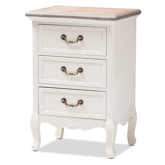 Capucine End Table Antique French Country Cottage Style Two-Tone Whitewashed Oak and White Wood with 3 Storage Drawers