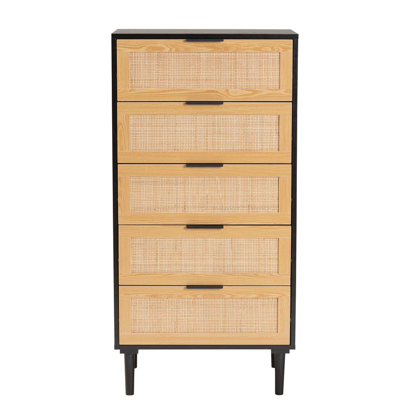 Maureen Storage Cabinet Mid-Century Modern Espresso Brown Wood and Rattan 5-Drawer Organizer for Stylish Home Décor and Storage Solutions