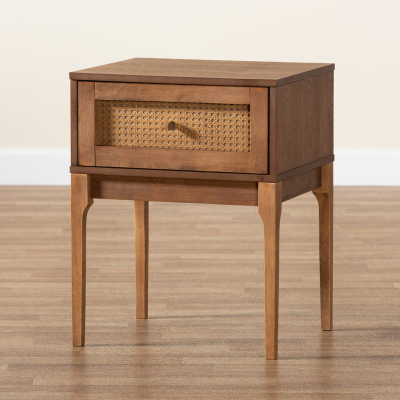 Ramiel Nightstand Mid-Century Modern Design Ash Walnut Finish Wood Rattan with 1 Drawer for Storage