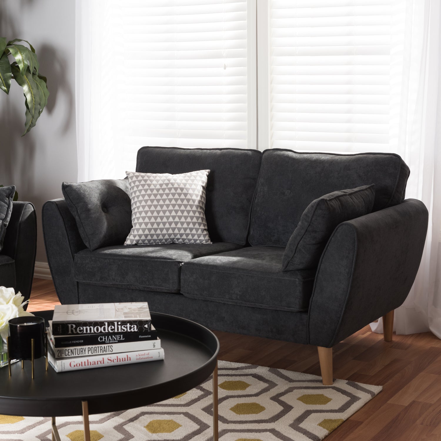 Miranda Loveseat Mid-Century Modern Dark Grey Fabric Upholstered